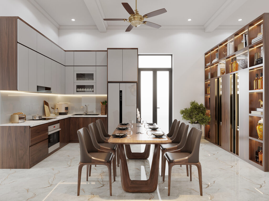 Phòng bếp chung cư hiện đại với tủ bếp chữ L, mặt đá trắng vân mây và đèn led chiếu sáng khu vực nấu ăn