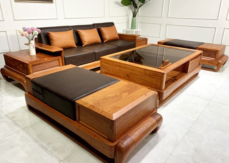 Phối hợp sofa gỗ da với nội thất hiện đại