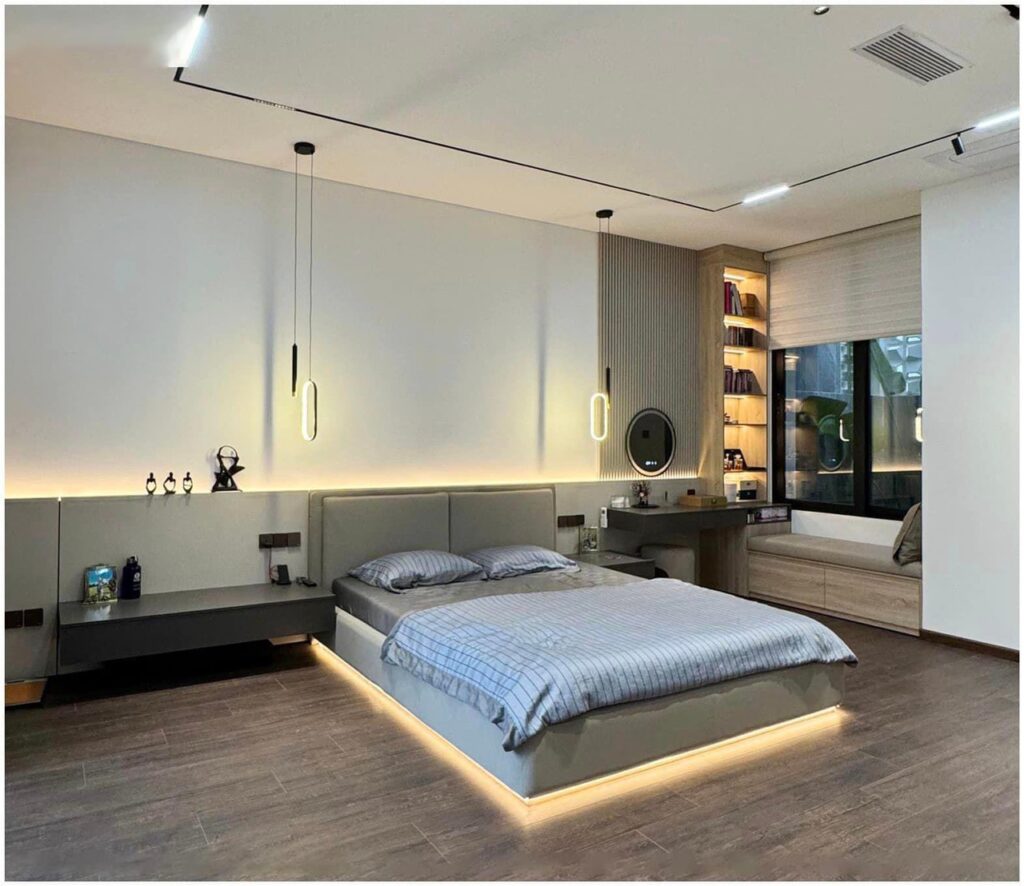 Không gian phòng ngủ cho người lớn tuổi được bố trí đơn giản, dễ sử dụng và đảm bảo an toàn di chuyển