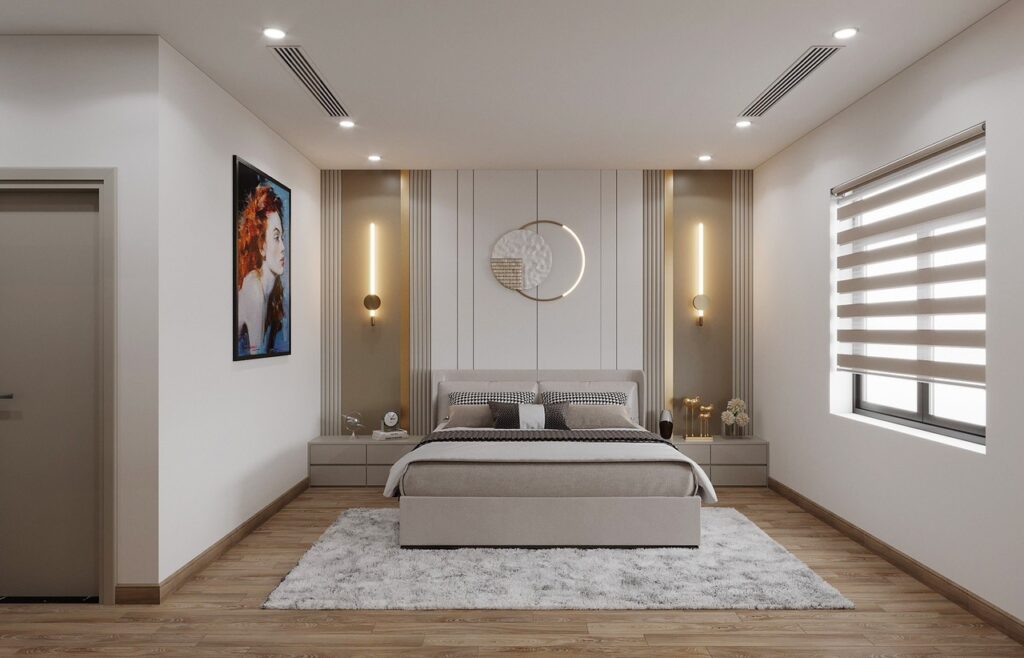 Thiết kế phòng ngủ cho cặp đôi với gam màu trung tính nhẹ nhàng, bố trí đối xứng và tiện nghi đầy đủ