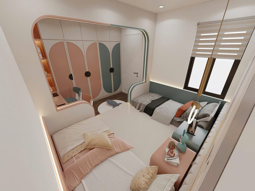 Phòng ngủ dành cho hai bé với thiết kế đối xứng, bàn học chung và tủ quần áo cỡ lớn tích hợp