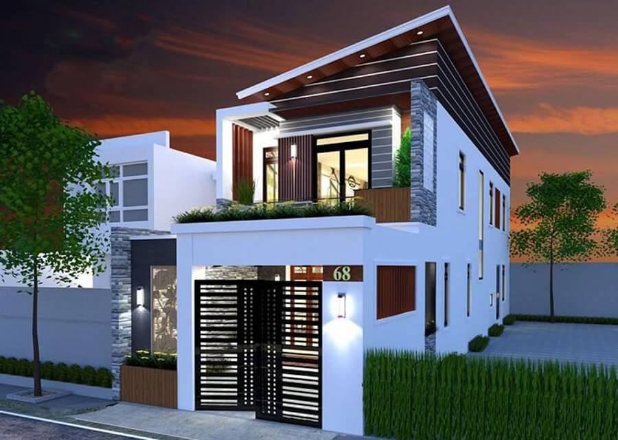 Nhà ống 2 tầng mái lệch với mặt tiền phá cách, sử dụng vật liệu hiện đại và phối màu trẻ trung