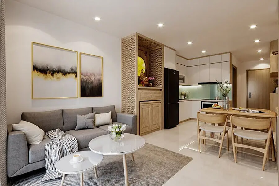 Thiết kế căn hộ 50m² bố trí mở giữa phòng khách, bếp và bàn ăn để tạo cảm giác thông thoáng, liền mạch