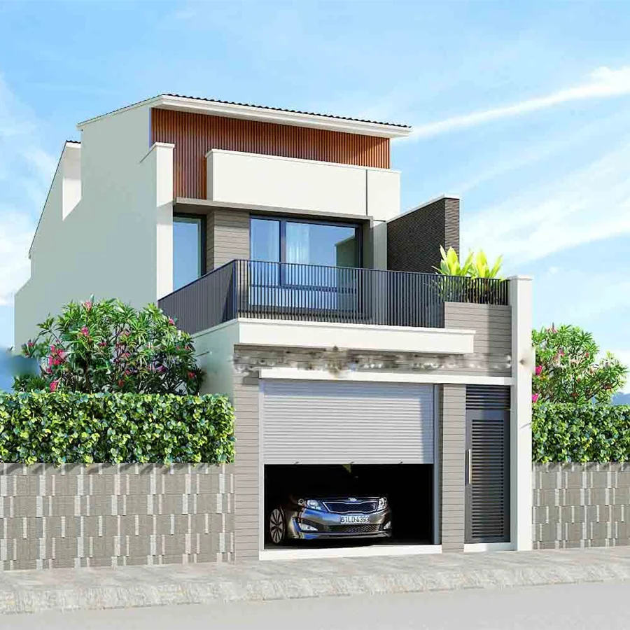 Mẫu nhà ống 2 tầng có gara ô tô tích hợp tầng trệt, mặt tiền hiện đại và lối đi riêng tiện lợi