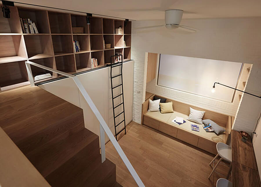 Tổng thể căn hộ 40m² tối ưu công năng bằng cách sử dụng nội thất âm tường, tủ cao sát trần và bố trí không gian mở thông minh