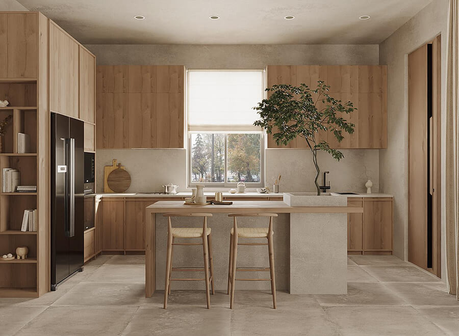 Phòng bếp phong cách Wabi Sabi với nội thất gỗ mộc, tường xi măng trần và ánh sáng tự nhiên dịu nhẹ