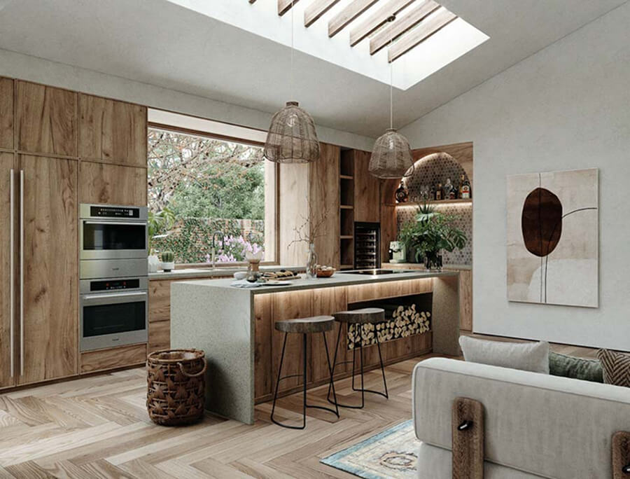 Phòng bếp mang hơi hướng Wabi Sabi với mặt bàn đá xám thô, tủ gỗ tự nhiên và trang trí bằng cành khô