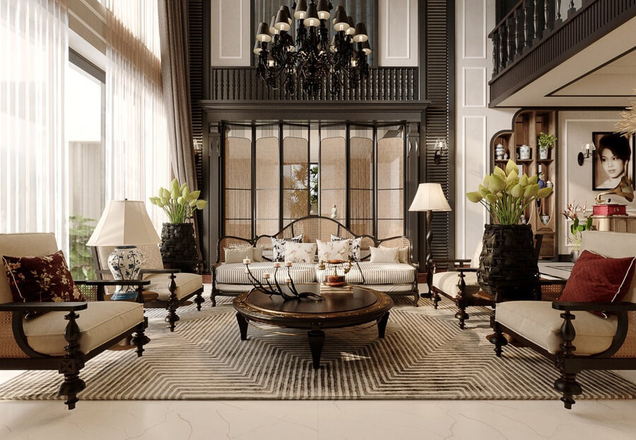 Phòng khách biệt thự Indochine với trần cao, đèn chùm, gạch bông và nội thất gỗ sẫm màu sang trọng