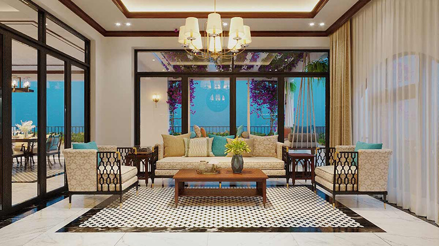 Tổng thể nội thất biệt thự Indochine hài hòa giữa tính thẩm mỹ thuộc địa Pháp và vật liệu truyền thống Việt Nam như tre, mây, gỗ