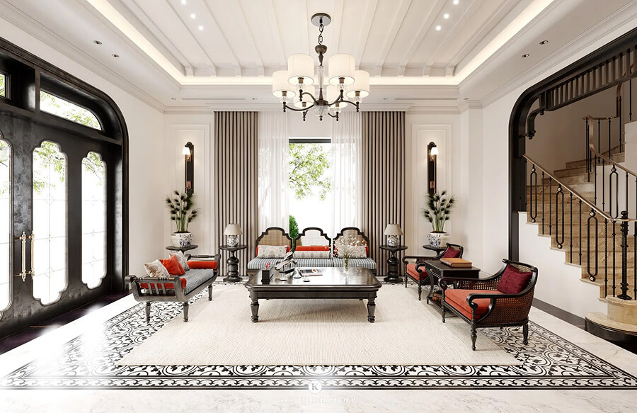Thiết kế nội thất biệt thự phong cách Đông Dương sử dụng họa tiết vòm cong, lam gỗ và đồ trang trí thủ công truyền thống