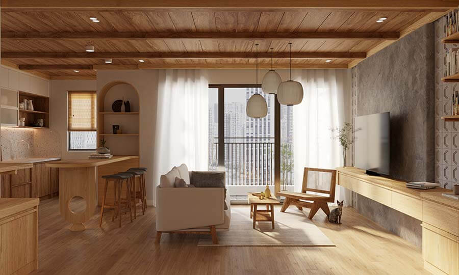 Không gian bếp Japandi tối giản với tủ bếp phẳng, bàn ăn gỗ nguyên khối và đèn thả kiểu Bắc Âu