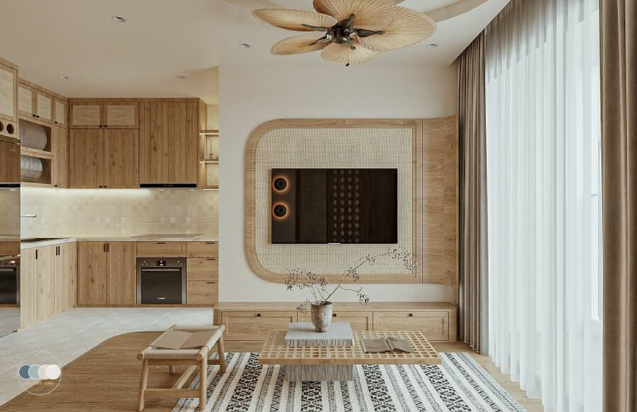 Thiết kế nội thất chung cư phong cách Japandi sử dụng nội thất đơn giản, đường nét tinh gọn và chất liệu mộc mạc