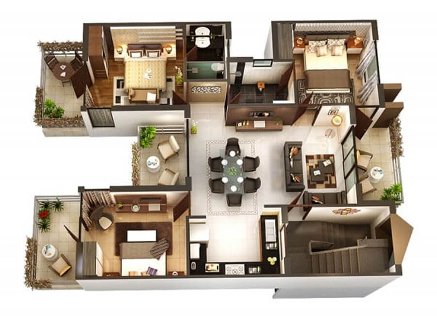 Thiết kế nội thất căn hộ 3 phòng ngủ diện tích 90m² theo phong cách hiện đại, bố trí không gian mở giữa bếp – ăn – khách