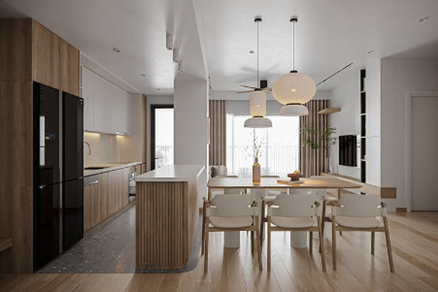 Không gian bếp chung cư 110m² thiết kế cao cấp với đảo bếp lớn, hệ tủ âm trần và thiết bị nhập khẩu âm tường