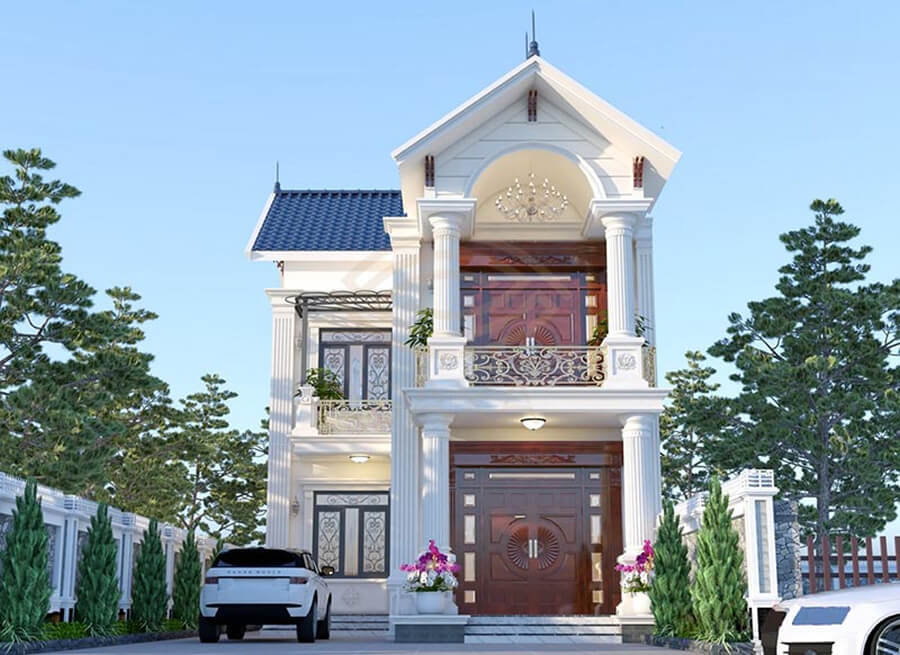 Nhà ống 2 tầng chữ L có sân vườn nhỏ ở góc trong, mang đến không gian thư giãn gần gũi thiên nhiên