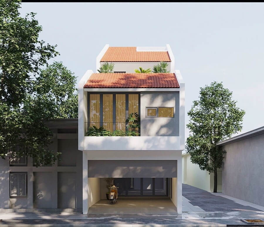 Nhà ống 2 tầng đẹp mái ngói với đường nét kiến trúc hài hòa, mái dốc giúp thoát nước nhanh