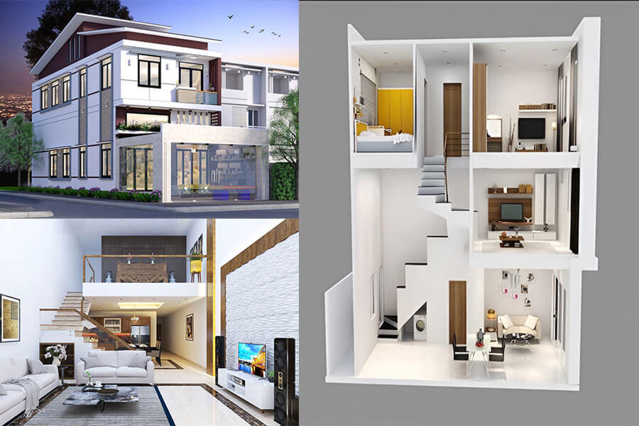 Nhà ống 2 tầng đẹp có gác lửng với cầu thang gọn, phân chia không gian linh hoạt và tiết kiệm chi phí xây dựng