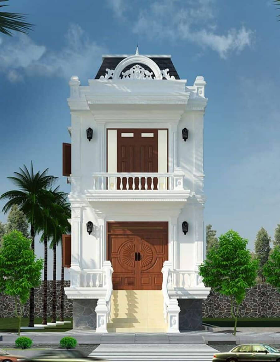 Thiết kế nhà ống 2 tầng phong cách cổ điển sử dụng mái vòm, phào chỉ tinh xảo và gam màu trắng sang trọng