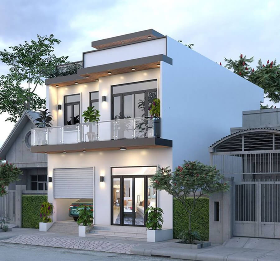 Thiết kế nhà ống 2 tầng 4 phòng ngủ có gara ô tô, ban công thoáng và phòng ngủ tầng trệt tiện lợi