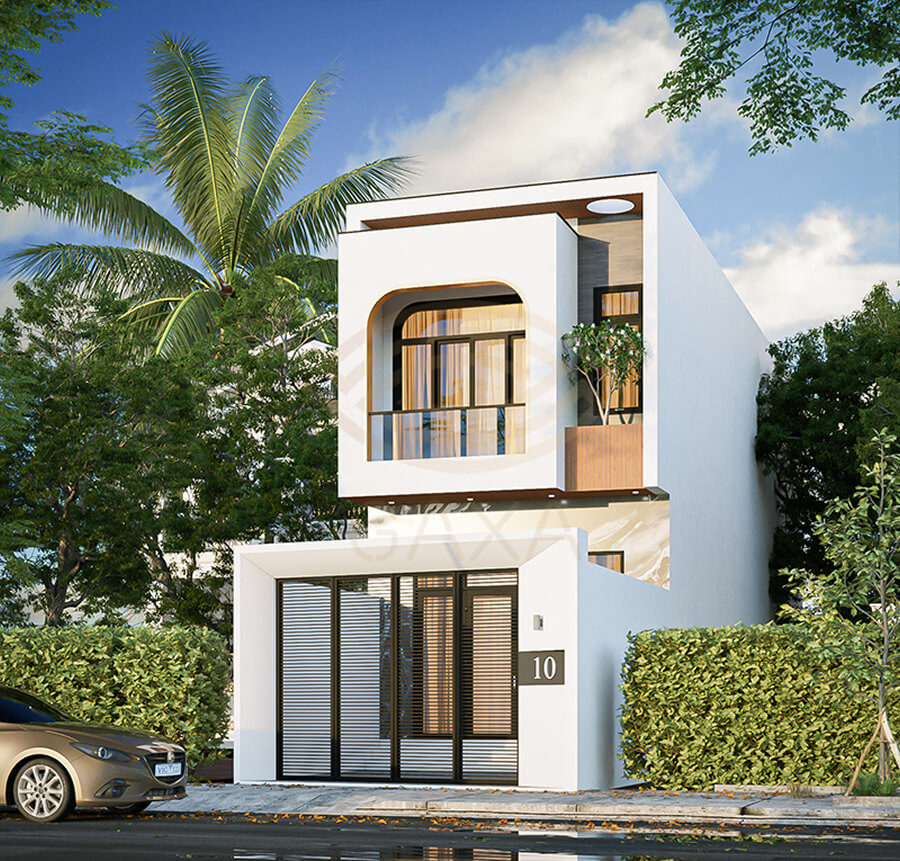 Mẫu nhà ống 2 tầng đẹp 2 phòng ngủ với mặt tiền hiện đại, bố trí phòng ngủ tách biệt hai tầng