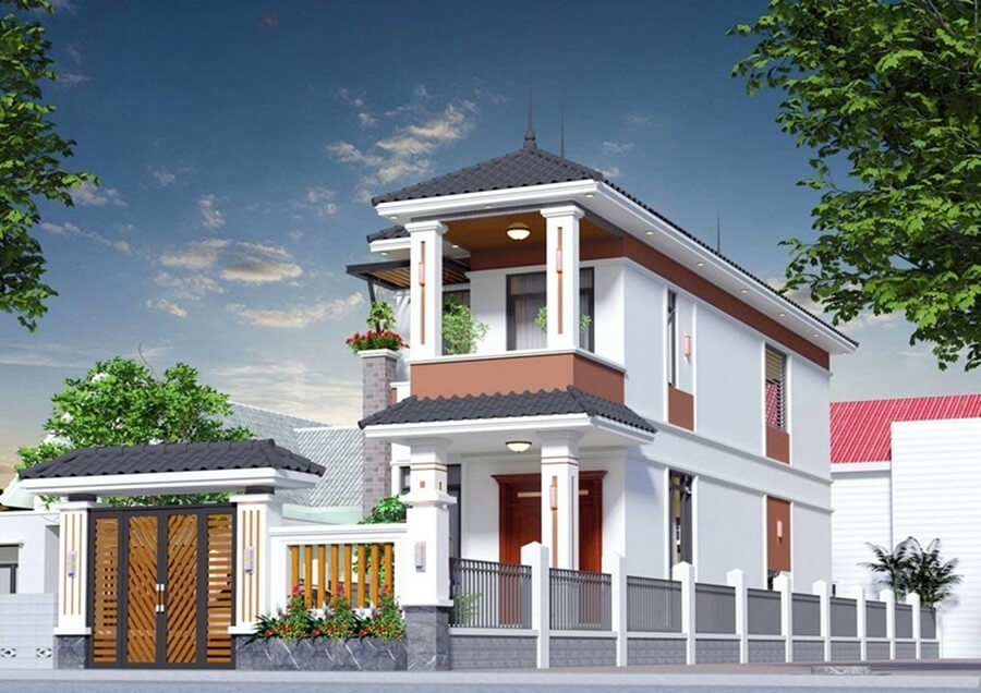 Thiết kế nhà ống 2 tầng mái Nhật hiện đại, sử dụng tông màu trung tính kết hợp cửa kính rộng thoáng