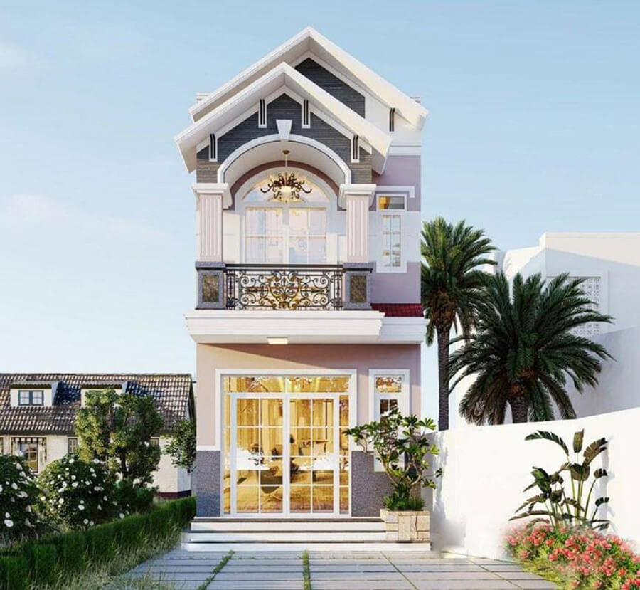 Mẫu nhà ống 2 tầng đẹp có sân vườn trước thoáng mát, tạo điểm nhấn xanh cho mặt tiền