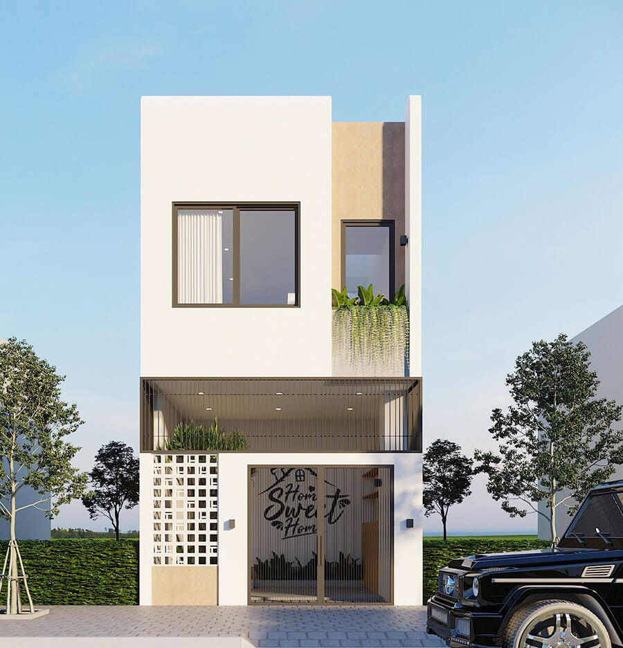 Mẫu nhà ống 2 tầng phong cách tối giản với mặt tiền phẳng, tông màu trung tính và đường nét dứt khoát