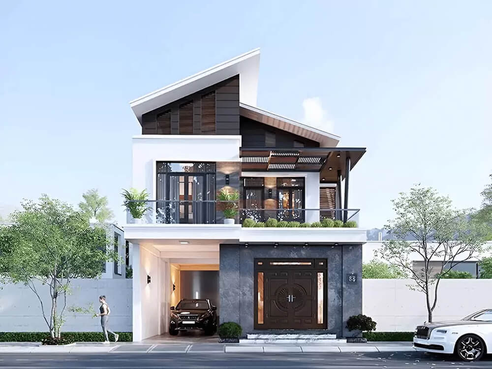 Mẫu thiết kế nhà phố mái lệch đơn giản tiện nghi đầy đủ công năng.