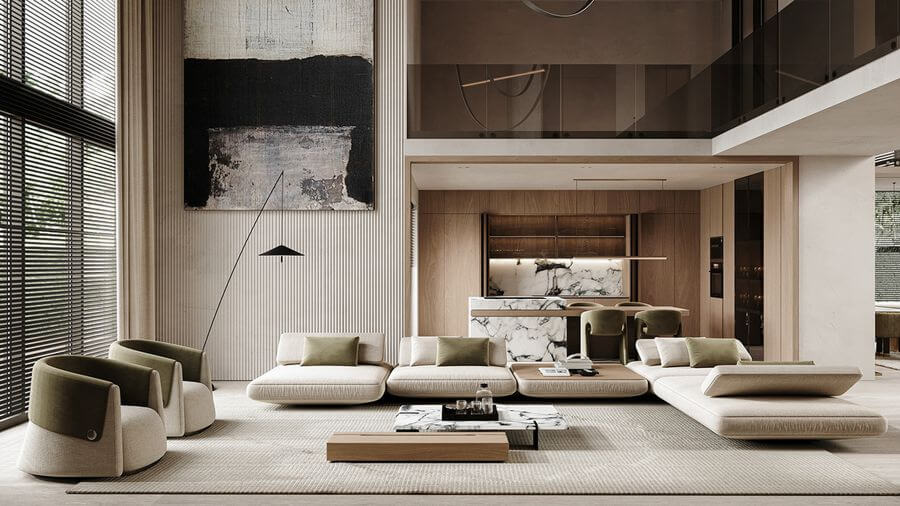 Phòng khách biệt thự hiện đại với trần cao, cửa kính lớn và sofa dáng thấp gam màu trung tính