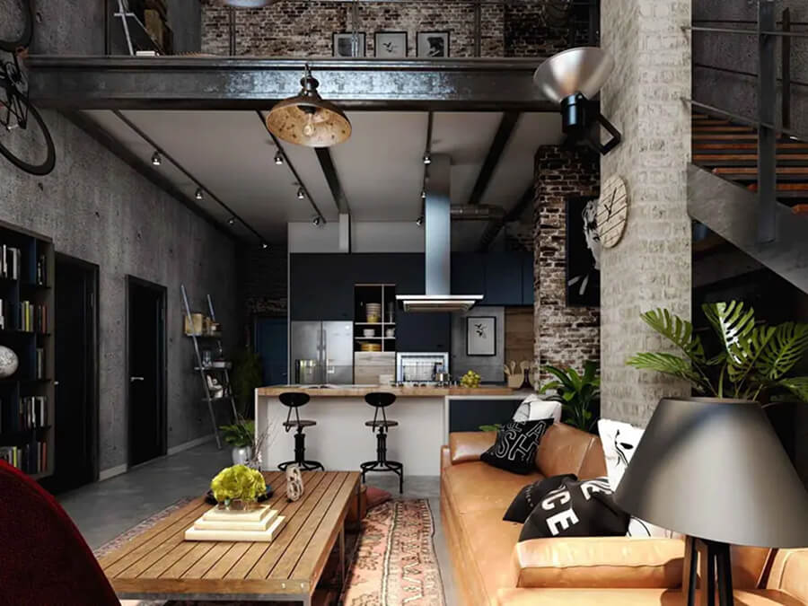 Phòng khách nhà phố Industrial với tường gạch thô, trần lộ kết cấu và sofa da nâu cổ điển