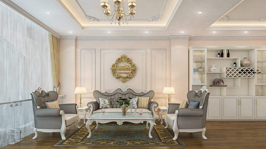 Thiết kế nội thất nhà phố phong cách tân cổ điển sử dụng gam màu kem – vàng nhạt, kết hợp ánh sáng đèn chùm pha lê