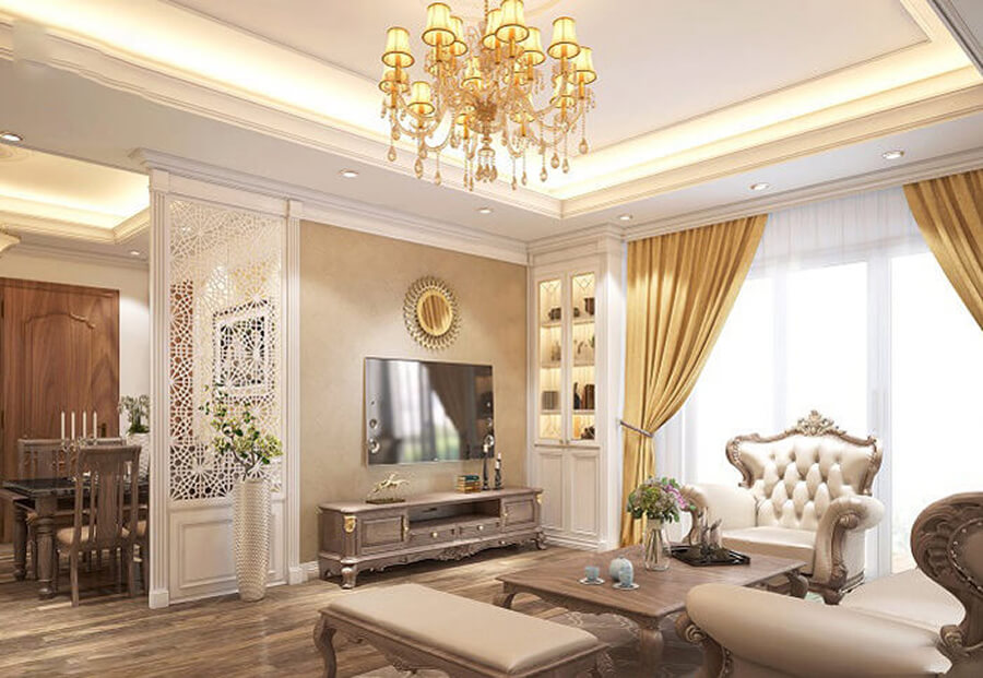 Phòng khách nhà phố tân cổ điển với sofa bọc nỉ, trần giật cấp và hệ phào chỉ trang trí đối xứng