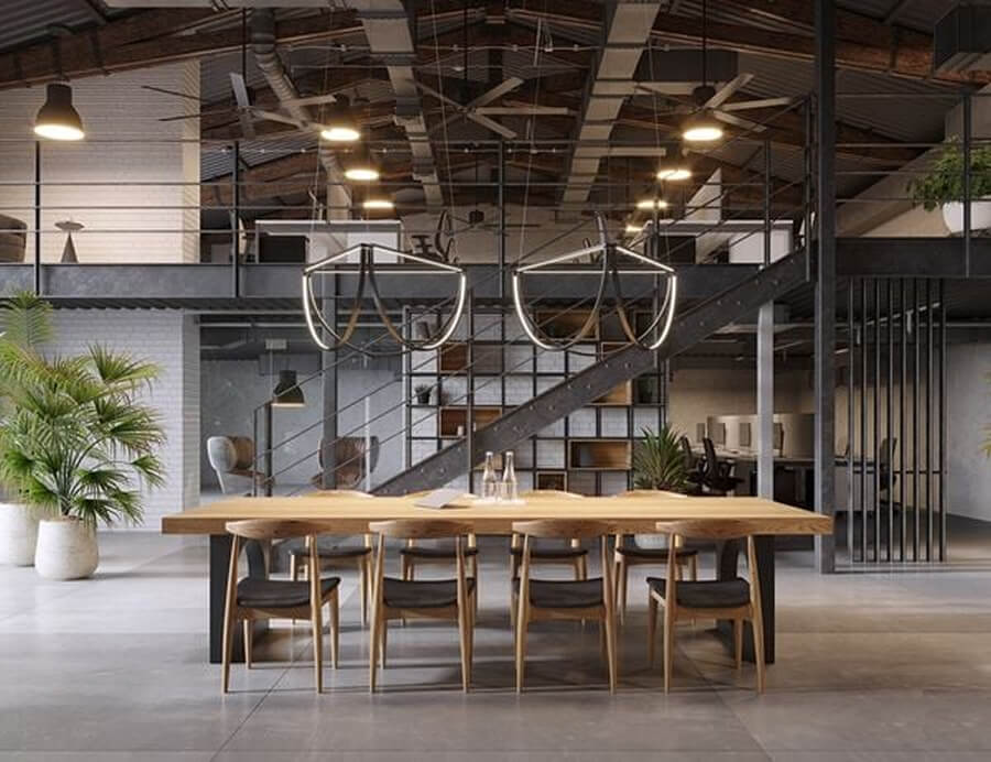 Văn phòng phong cách Industrial với trần lộ kỹ thuật, ống gió hở và hệ thống chiếu sáng dạng track light