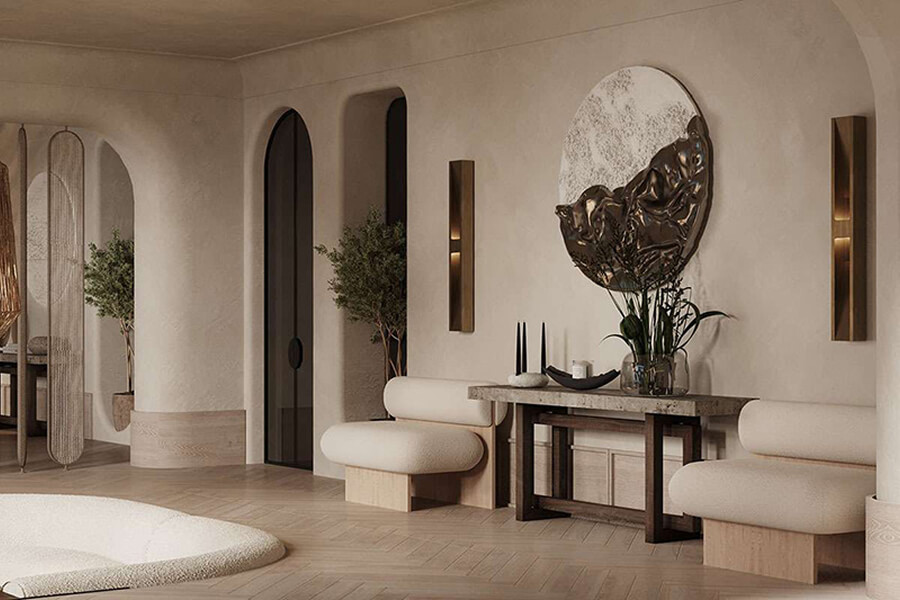 Hành lang biệt thự Wabi Sabi với sàn đá, đèn ánh vàng mờ và trang trí bằng nhánh khô nghệ thuật