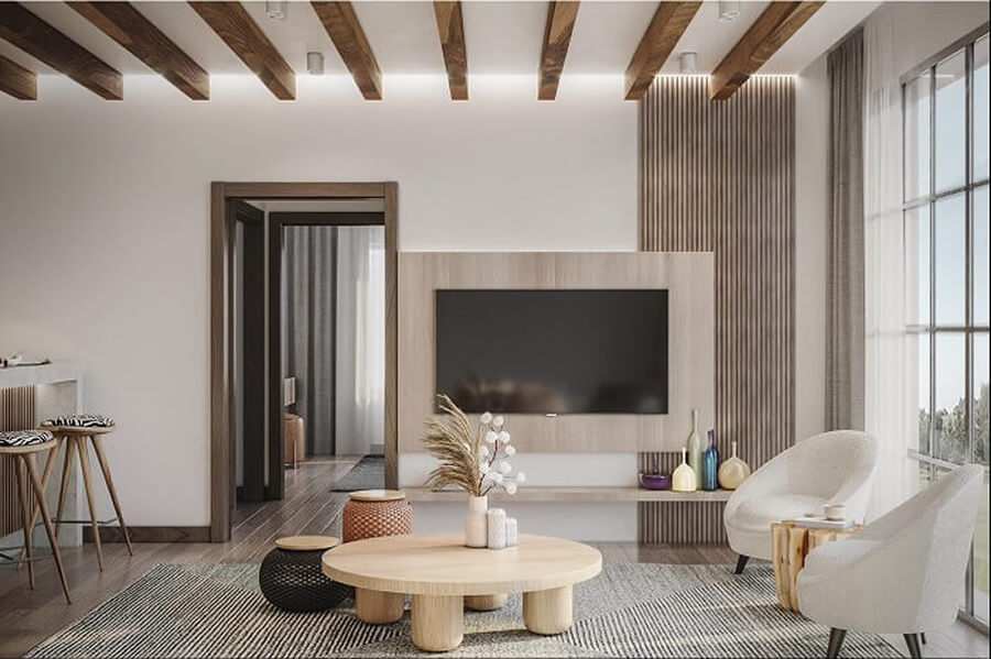 Phòng sinh hoạt chung phong cách Wabi Sabi với ghế thấp, chiếu tatami và tường thô mang vẻ đẹp tự nhiên