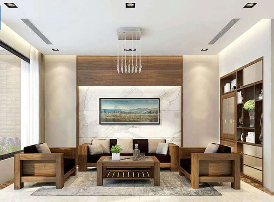Phòng khách nhà cấp 4 phong cách tối giản với nội thất gỗ và tranh treo tường tạo điểm nhấn nhẹ nhàng