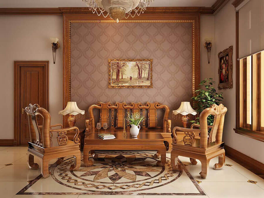 Mẫu thiết kế nội thất phòng khách đẹp đơn giản cho nhà cấp 4 với bộ bàn ghế gỗ tự nhiên cùng nền lát gạch đá hoa