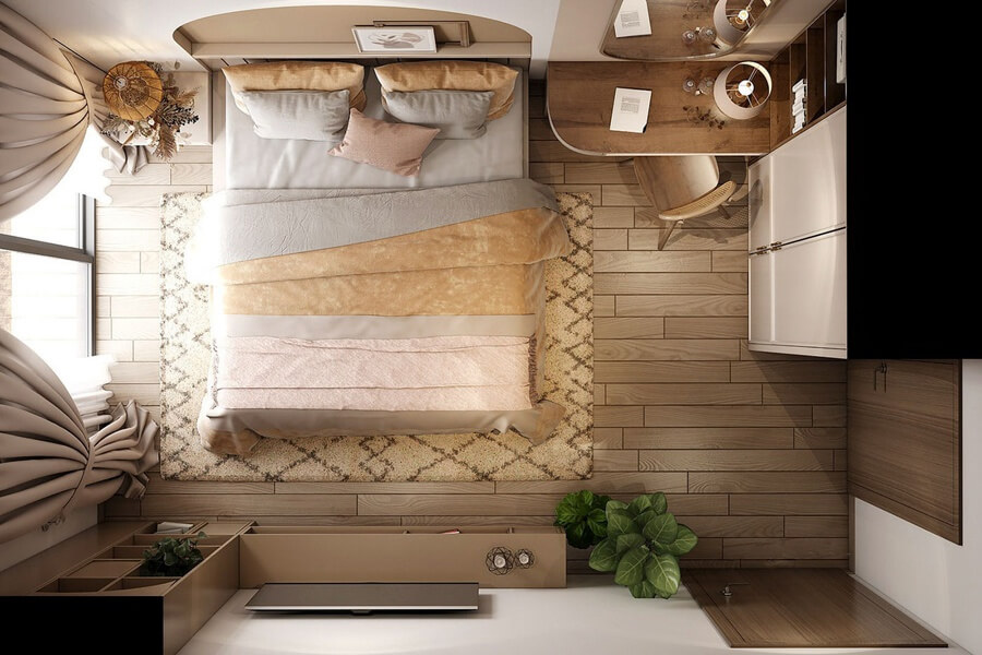 Thiết kế nội thất phòng ngủ 12m² hiện đại, bố trí giường sát tường và bàn làm việc tối giản