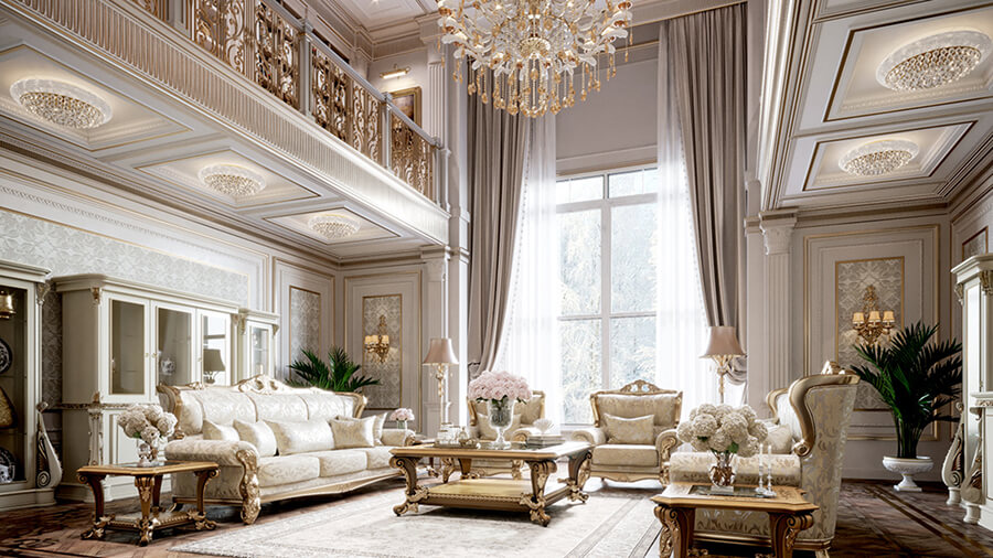 Phòng khách biệt thự cổ điển châu Âu với trần cao, đèn chùm pha lê lớn và sofa chạm khắc mạ vàng
