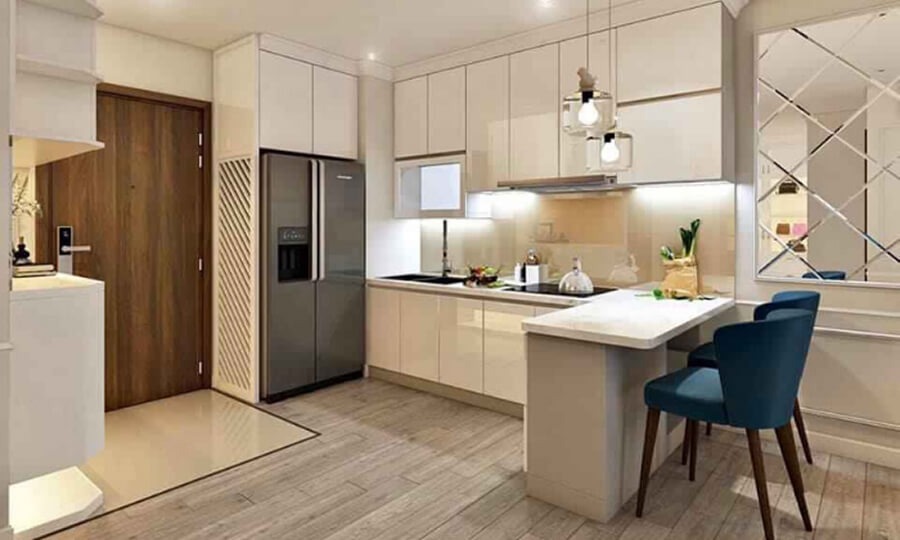 Thiết kế nội thất chung cư 1 phòng ngủ sử dụng không gian mở giữa bếp, ăn và phòng khách tạo cảm giác rộng rãi