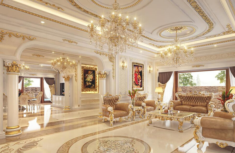 Thiết kế phòng khách cổ điển với cột đá Corinth, tranh sơn dầu khổ lớn và ánh sáng ánh vàng sang trọng