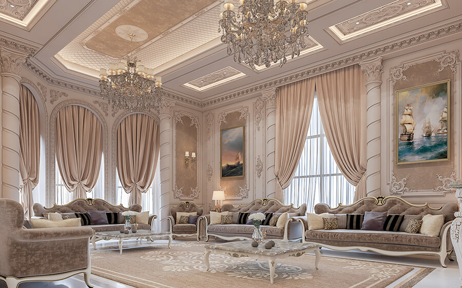 Phòng khách biệt thự tân cổ điển với trần giật cấp, đèn chùm pha lê và sofa bọc nỉ cao cấp