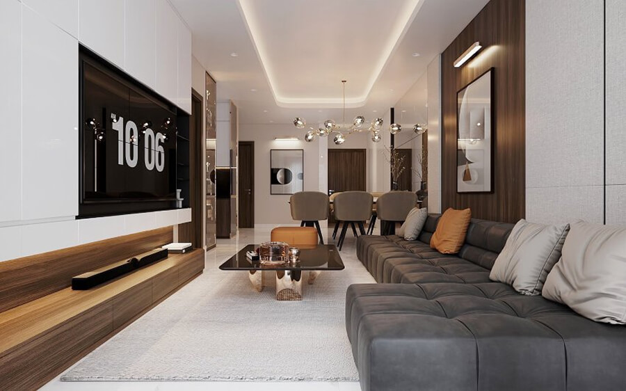 Phòng khách chung cư 2 phòng ngủ với sofa chữ L, bàn trà mặt đá và cửa kính lớn đón ánh sáng tự nhiên