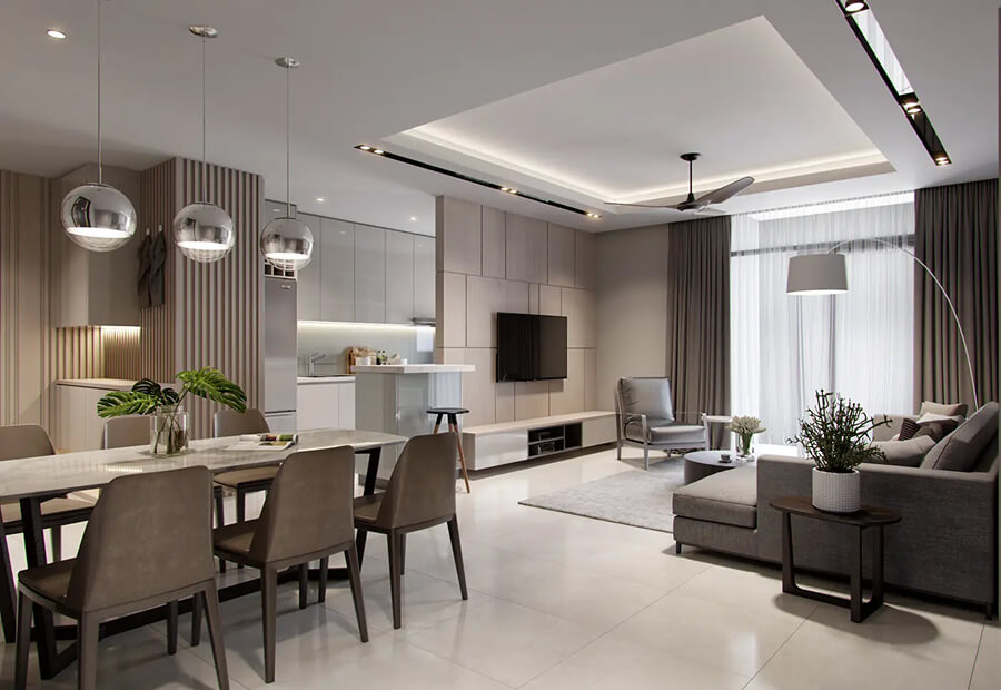 Phòng khách chung cư 3 phòng ngủ với sofa lớn, bàn trà mặt đá và thông với phòng bếp mở
