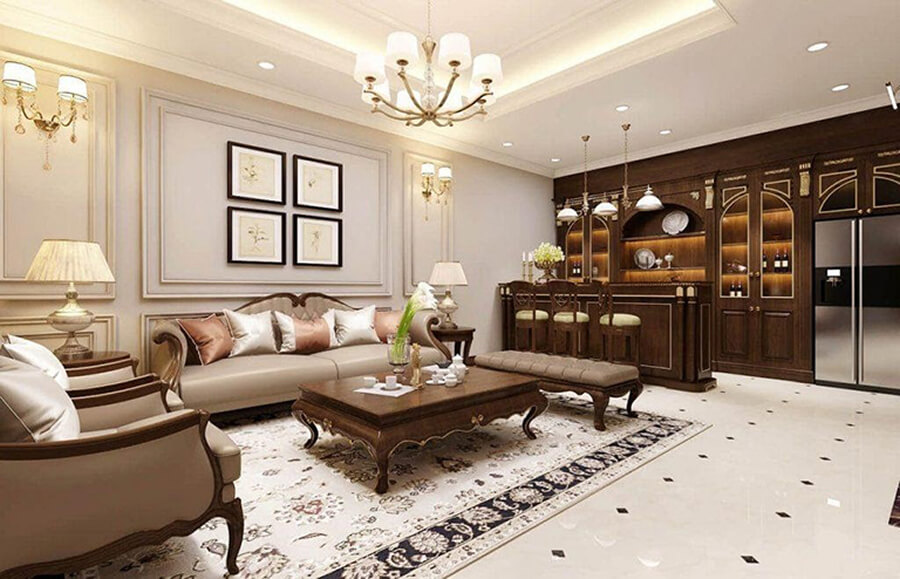 Thiết kế nội thất chung cư cổ điển sử dụng tường ốp gỗ tự nhiên và vật liệu đá hoa cương sang trọng