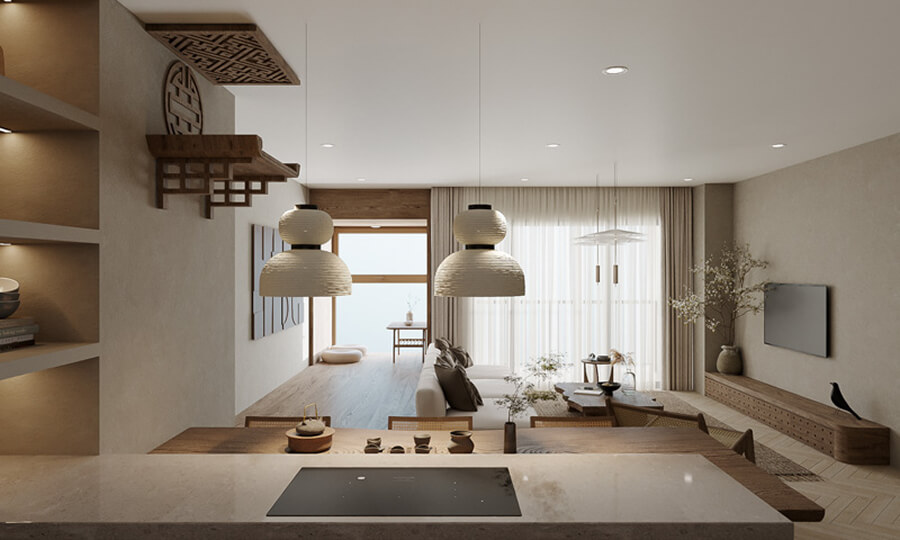 Thiết kế nội thất chung cư Wabi Sabi sử dụng bảng màu trung tính, ánh sáng tự nhiên và vật liệu thô mộc như gỗ, đá, đất nung