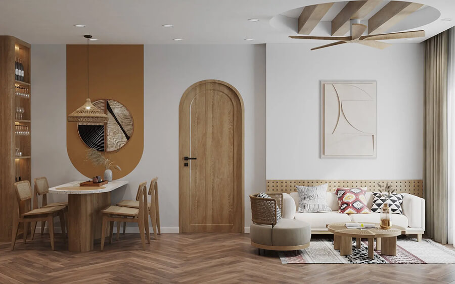 Phòng khách chung cư phong cách Wabi Sabi với tường xi măng thô, sofa vải lanh và bàn trà gỗ mộc tự nhiên