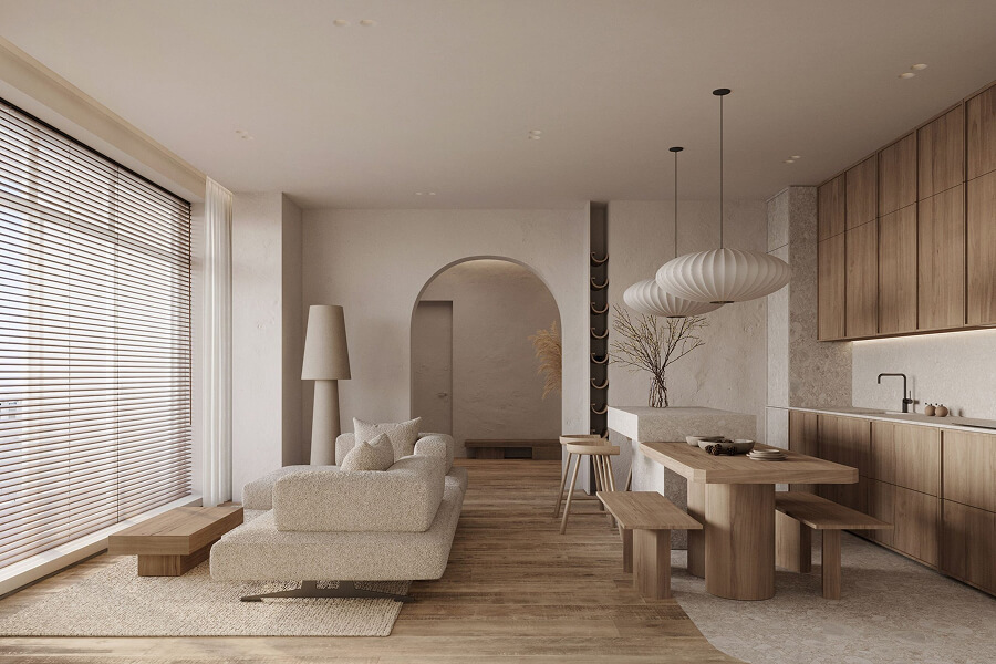 Phòng khách chung cư Scandinavian với sofa sáng màu, bàn trà gỗ và thảm lông đơn sắc tạo cảm giác ấm áp