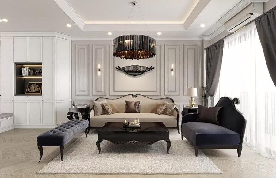 Thiết kế phòng khách tân cổ điển với vách ốp gỗ sơn trắng, đèn treo kiểu cổ và thảm trải sàn họa tiết cổ điển châu Âu