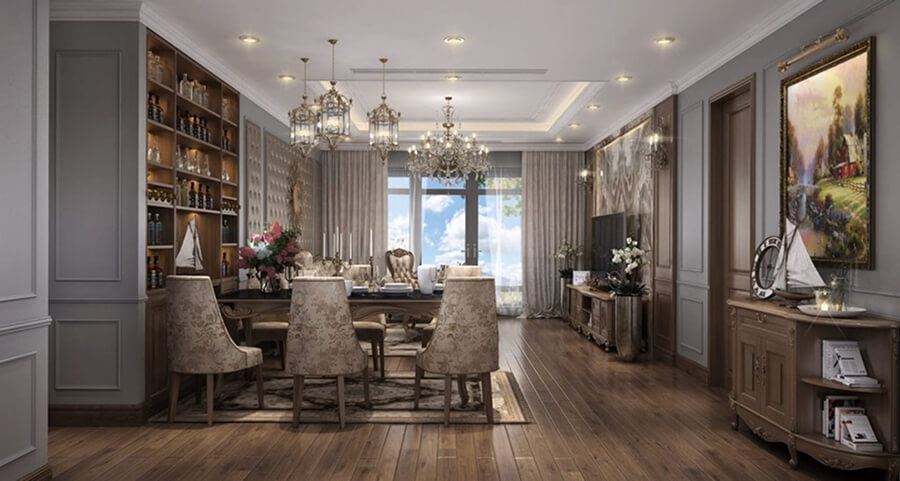 Tổng thể phòng khách chung cư tân cổ điển mang đến cảm giác ấm cúng, quý phái và chuẩn mực thẩm mỹ cổ điển pha hiện đại
